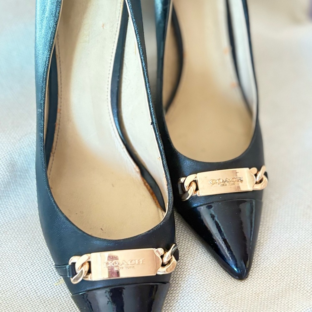 Coach Black Leather Heels with Gold Accent - Picture 8 of 10